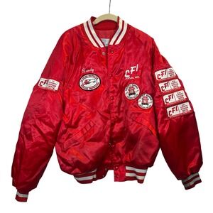 Vintage Trucking Satin Bomber Jacket Red Patches Retro Mens Large USA 80s